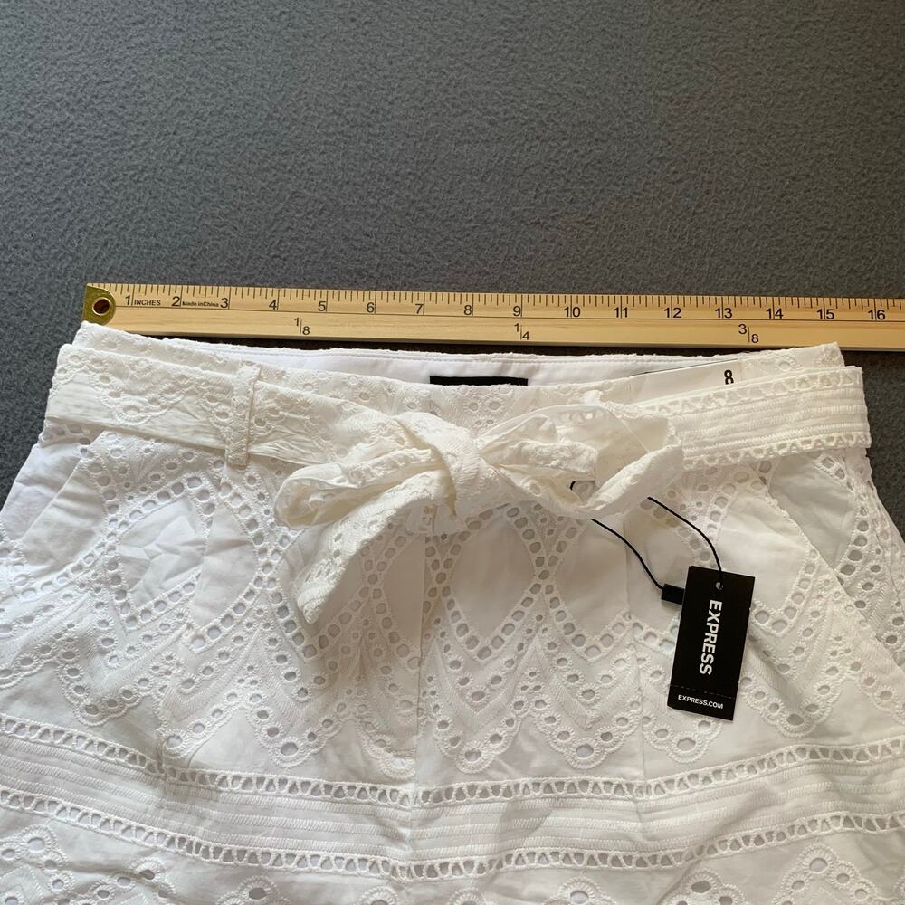 NWT Express High Waisted Eyelet Lace Shorts Tie Belt White Beachy Boho Size 8 - Picture 7 of 9